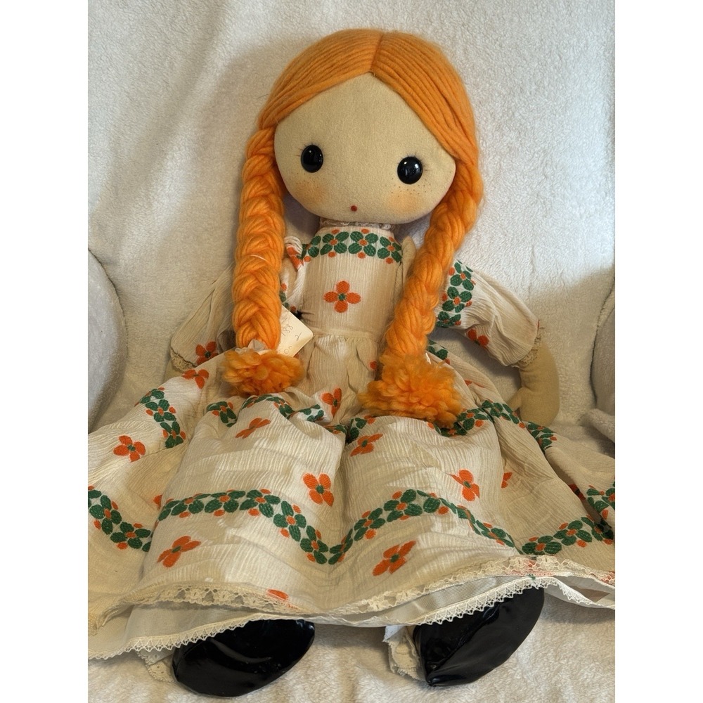 Vintage French Cloth Rag Doll 31" Orange Braids Embroidered Dress Lace